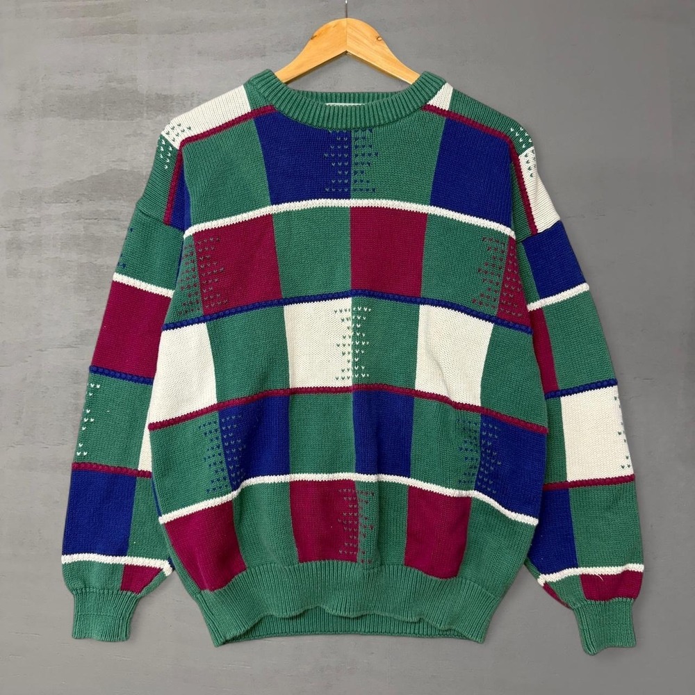 Vintage Izod Club Sweater Green Blue Multi Patchwork Retro Cotton Knit Large